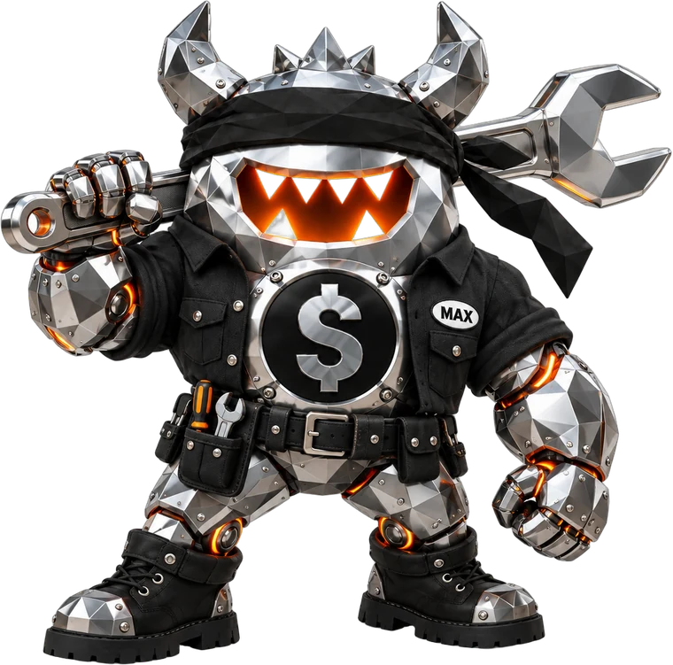 Max, the Dealer Data robot mechanic: a chrome low-poly monster robot in a black work shirt with a MAX name patch, holding a giant wrench
